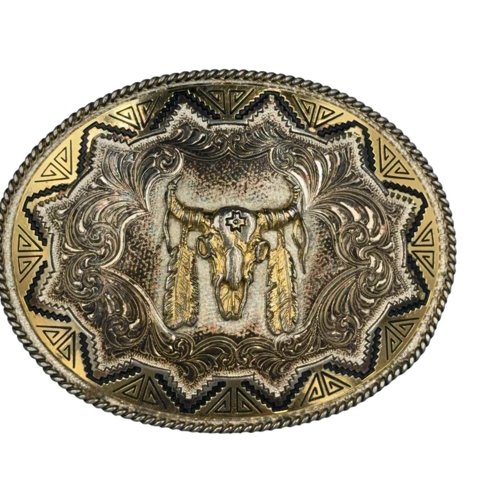 Montana Silversmiths Belt Buckle Mens Silver Western Steer Skull Feather Oval